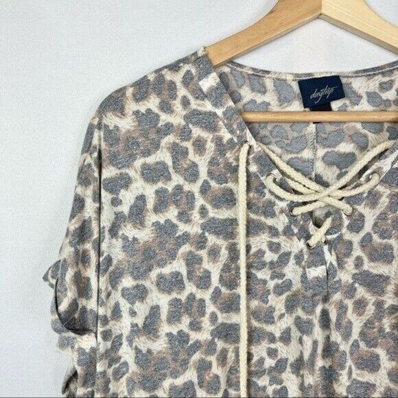 Daytrip Brown Leopard Print Lace Up Roll Cuff Short Sleeve T-Shirt XL - Picture 4 of 4
